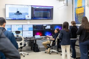 From PML’s remote operations centre, visitors were able to view live feeds, showing tracking and data telemetry from the AUVs and Sonardyne’s Origin 600 ADCP to the PIONEER USV.